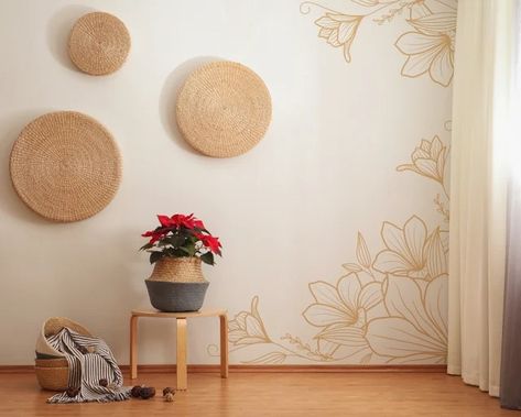 LilinMomo - Etsy Simple Wall Murals, Damask Wall Decals, Drawing Corner, Gold Wall Decals, Floral Line Drawing, Textures Murales, Rainbow Wall Decal, Focal Wall, Drawing Wall