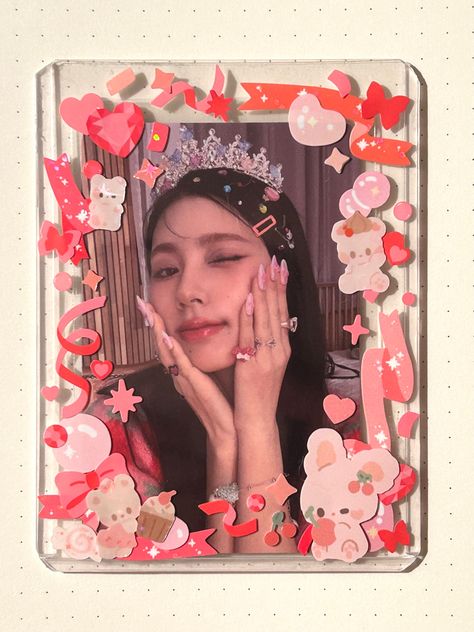 #toploader #deco #kpop #gidle #miyeon #stickerdesign Kpop Photocard Toploader, Kpop Toploader Deco Stickers, Deco Card Kpop, Red Toploader Deco, Photocard Sleeve Deco, Pc Deco Kpop, Decorate Photocard, Photocard Deco Ideas, Top Loader Decor