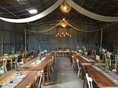 Wedding Venues Shed, Metal Building Wedding Reception, Metal Shop Wedding Reception, Wedding In Garage, Shearing Shed Wedding, Shed Wedding Reception Decoration, Pole Barn Wedding, Old Barn Wedding, Garage Wedding