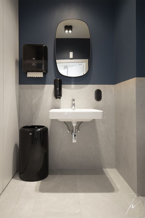 Office Restroom Design, Cotswold Farmhouse, Grey And White Office, Workplace Bathroom, Office Table Design Modern, Interior Office Design, Office Bathrooms, Unisex Toilets, Office Toilet