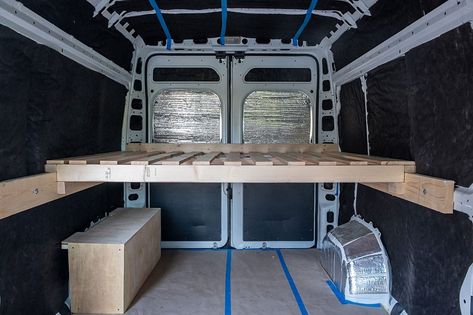 Camper Van Garage, Van Build Bed Ideas, Removable Bed For Van, Cargo Van Storage Ideas, Van Beds Ideas, Basic Van Conversion, Sprinter Van Bed Ideas, Van Bed Build, Cargo Van Camper