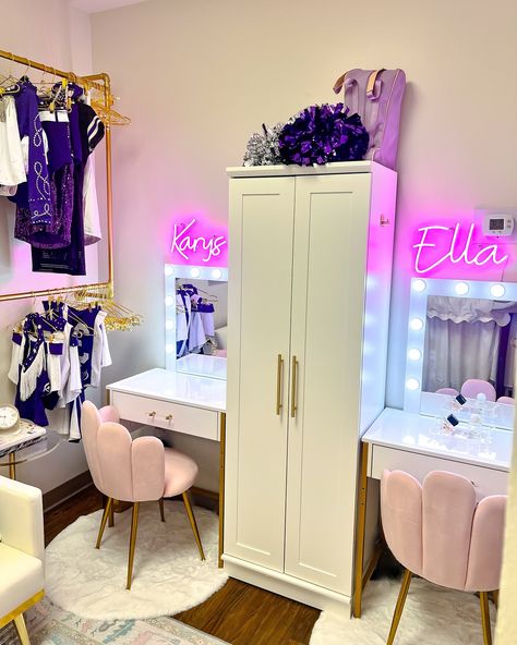 Forever obsessed with this dorm vanity💜 • • • #tcu #showgirls #cheer #interiordesign #design #organize #decor Tcu Showgirl, Tcu Dorm, Dorm Vanity, Dorm Inspo, Vanity, Interior Design, Quick Saves, Design, Dressing Table