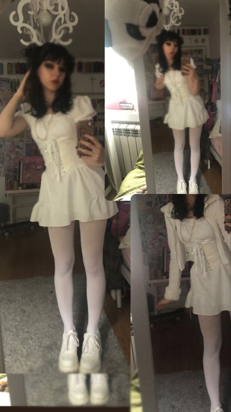 All White Alt Outfit, White Emo Outfit, White Grunge Outfit, White Goth Outfit, White Tights Outfit, Emo Night, Outfit Themes, White Party Outfit, White Grunge