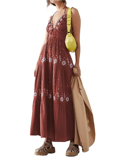 PRICES MAY VARY. Size: S, M, L, women summer beach floral printed maxi long dress, sleeveless one shoulder maxi long dress, women ruffle boho flowy swing sundress for vacation. Material: Women a line flowy spaghetti strap maxi long dress, backless summer long dress made of Polyester and cotton fabrics, super cozy and lightweight to wear. Features: Sexy off shoulder vacation boho maxi dress, low cut ruffle long dress, v neck pleated cut out maxi long dress, sleeveless tie back up, cut out backles Summer Woman Outfits, Spain Outfit Ideas, Spain Outfit, Ruffle Long Dress, Summer Long Dress, Long Summer Dress, Beach Floral, Summer Spaghetti, Flowy Summer Dresses