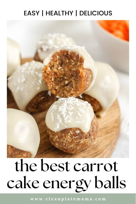 These no-bake carrot cake energy balls are the perfect little bite-sized treat. All the sweetness and spice of carrot cake, but made with good-for-you ingredients. These are naturally sweetened and a good source of fiber and healthy fats. Carrot Cake Power Balls, No Bake Carrot Cake Energy Balls, Premade Healthy Snacks, Carrot Protein Balls, Carrot Cake Balls Easy, Carrot Cake Balls Healthy, Healthy Cake Balls, Carrot Cake Energy Bites, Carrot Energy Balls