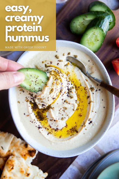 Easy Creamy Protein Hummus Hummus With Greek Yogurt, Protein Hummus, Bean Protocol, Spicy Hummus, Easy Hummus Recipe, Unflavored Protein Powder, Chicken Dishes Easy, Extra Protein, Easy Hummus