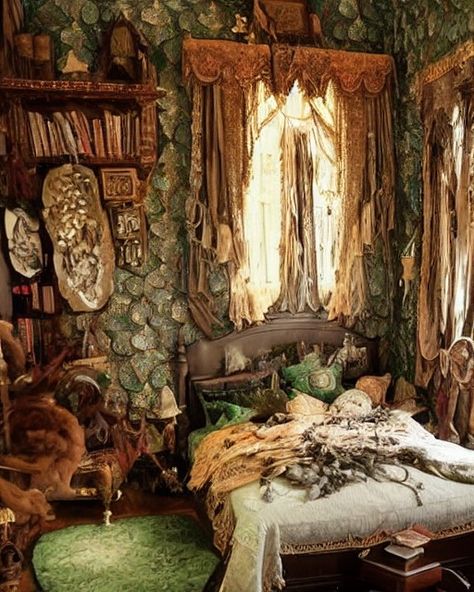 Eclectic Cottagecore Bedroom, Maximalist Cottage Decor, Hobbit Core Bedroom, Maximalist Decor Bedroom Vintage, Vintage Witchy Bedroom, Aesthetic Maximalist Bedroom, Maximalist Bedroom Vintage, Vintage Maximalist Bedroom, Bed Maximalist