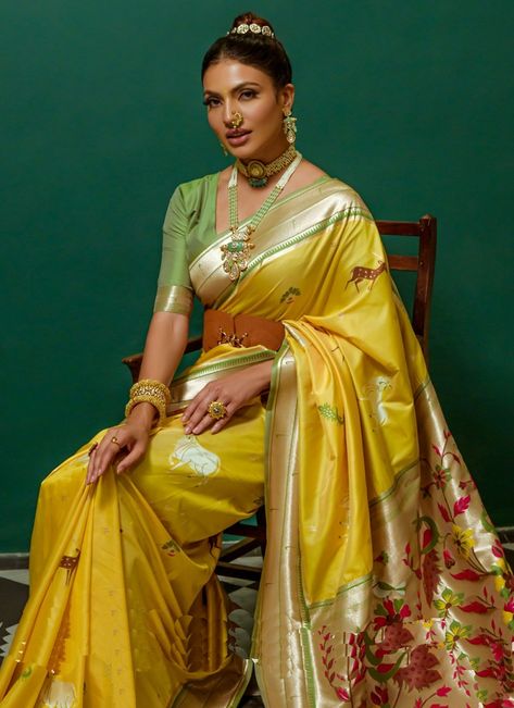 Yellow Paithani Saree, Yellow Paithani, Mustard Saree, Saree Traditional, Paithani Saree, Party Wear Gown, Vidya Balan, Yellow Saree, Indian Bridal Dress