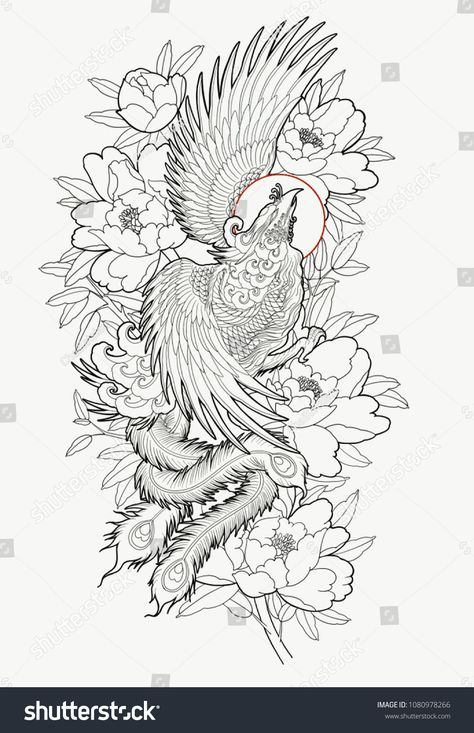 Hand drawn phoenix and flower outline tattoo design. Outline Tattoo Design, Flower Outline Tattoo, Tattoo Japonais, Tato Phoenix, Japanese Phoenix Tattoo, Hanya Tattoo, Phoenix Tattoo Design, Outline Tattoo, Japan Tattoo Design