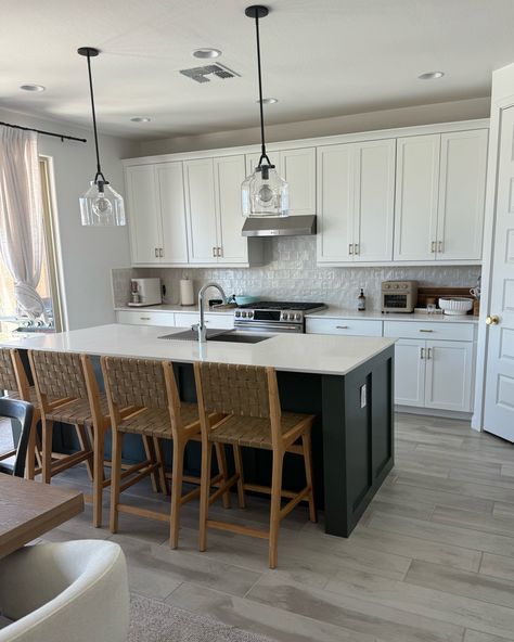 Henry Pendant curated on LTK White Kitchen With Green Island, Kitchen With Contrasting Island, Kitchen With Green Island, Henry Pendant, Clear Pendant Light, Leather Barstools, Green Island, Rustic Coastal, Coastal Living