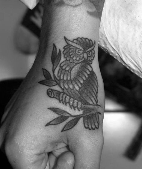 Mens Hand Traditional Owl Tattoos Old School Owl Tattoo, Owl Tattoo Men, Traditional Owl Tattoo, Traditional Owl, Traditional Owl Tattoos, Small Eagle Tattoo, Owl Tattoo Small, Traditional Hand Tattoo, Tiki Tattoo