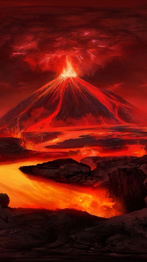 Volcano Drawing, Volcano Wallpaper, Volcano Pictures, Lava Flow, Graphic Wallpaper, Wild Nature, Cool Pictures Of Nature, Beautiful Fantasy Art, Dark Wallpaper