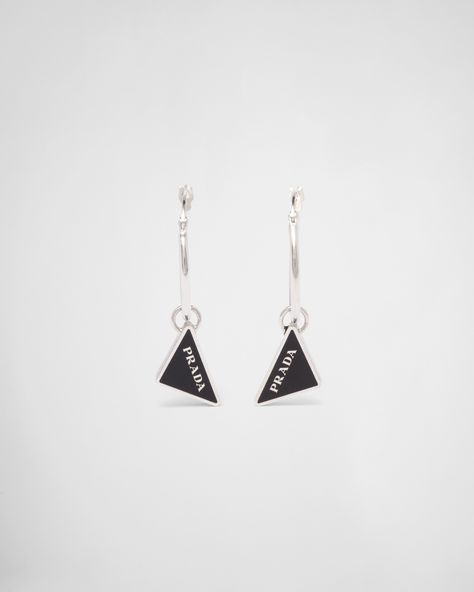 Black Prada Symbole Drop Earrings | PRADA Prada Earrings, Jewel Logo, Prada Gifts, Prada Jewelry, Women Lipstick, Style Punk, Silver Jewelry Fashion, Triangle Logo, Fine Jewelry Collection