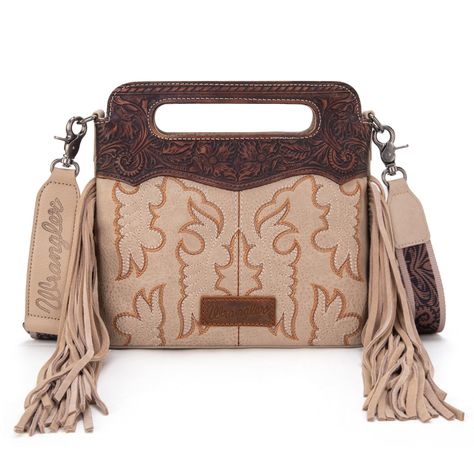 PRICES MAY VARY. A elegant western women's crossbody bag collection Wrangler by Montana West. Wrangler crossbody bag, features a stylish floral tooled pattern, genuine leather fringing and embroidered boot stitching. Top magnetic snap closure, includes 1 main pocket, 1 inner zippered pocket, 1 inner side pocket and 1 back pocket. Crossbody purses for women are designed with detachable and adjustable Wrangler logo printed nylon crossbody guitar strap. Size:9.5"(L) x 2.8"(W) x 9.2"(H) , Drop: 17"- Rodeo Ideas, Purse Inspiration, Concealed Carry Bags, Modern Cowgirl, Fringe Crossbody Bag, Embroidered Boots, Yee Haw, Handbag Patterns, Crossbody Clutch