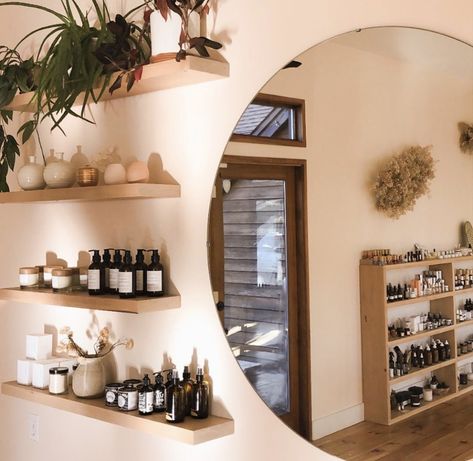 Brown Esthetics Room, Holistic Salon Ideas, Neutral Color Esthetician Room, Boho Medspa Decor, Esthetics Room Storage, Aesthetics Spa Room, Natural Spa Decor, Holistic Boutique Ideas, Spa And Boutique