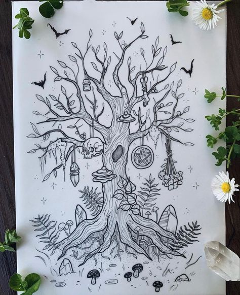 Mythical Forest Tattoo, Witchy Tree Tattoo, Witch Tree Tattoo, Electric Forest Tattoo, Dryad Tattoo Wood Nymphs, Enchanted Forest Tattoo Ideas, Witchy Forest Tattoo, Garden Witch Tattoo, Witchy Garden Tattoo