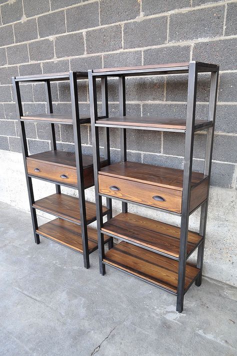 65 H x 30x 15 steel and stained cypress book shelves with drawers. Dark Wooden Furniture, Cool Welding Projects, Welded Furniture, Diy Welding, Vintage Industrial Furniture, Metal Welding, Shelving Units, Creative Furniture, Metal Projects