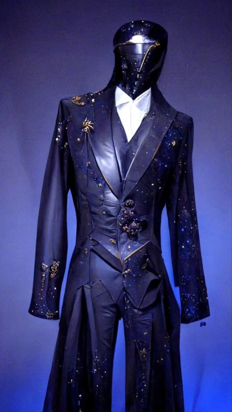 Starry Suit Men, Wizard Suit Design, Mascarade Suit Men, Space Themed Tuxedo, Mens Ballroom Suit, Preformance Outfits Male, Space Themed Wedding Suit, Blue Fancy Outfits Men, Space Clothes Aesthetic Male