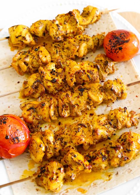 Persian Chicken Kabob - Moribyan Persian Chicken Kabobs, Chicken Kabobs Middle Eastern, Iranian Chicken Kabob, Curry Chicken Kabobs, Persian Chicken Recipes, Panini Kabob Grill Chicken Recipe, Afghan Chicken Kabobs, Healthy Persian Recipes, Persian Chicken Kabob Marinade