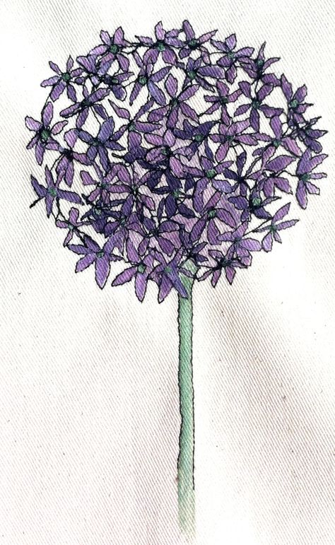 Allium embroidered painting. How To Draw Allium Flowers, Allium Flowers Drawing, Allium Drawing, Allium Tattoo, Seed Swap, Black Tattoo Ideas, Embroidered Painting, Allium Flower, Globe Flower