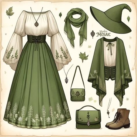 🤍🍃🤍 Cottagecore Outfits Dress, Narnia Aesthetic Outfit, Forest Outfit Aesthetic, Cute Witch Outfits, Sorcerer Cosplay, Elf Sorcerer, Dnd Outfits, Medieval Outfits, Witch Clothes