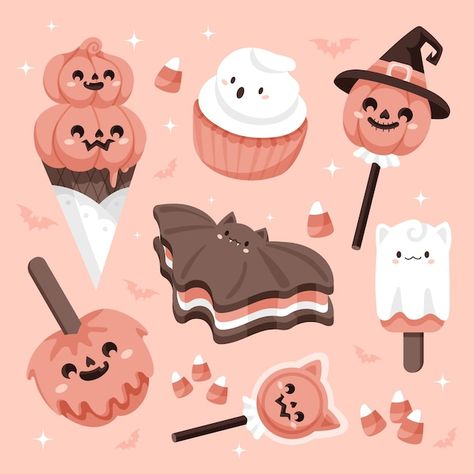 Kawaii Halloween Dessert, Spooky Drawings Halloween, Kawaii Halloween Drawings, Halloween Food Illustration, Halloween Food Drawing, Kawaii Halloween Aesthetic, Halloween Kawaii Drawings, Halloween Cute Art, Candies Drawing