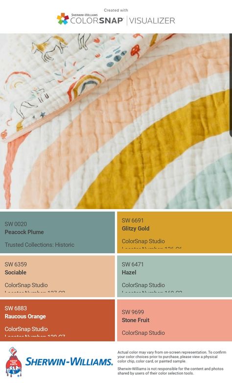 Sherwin Williams Bright Color Palette, Colorful Bedroom Palette, Yellow Nursery Color Palette, Sherwin Williams Boho Color Palette, Marigold Nursery Color Schemes, Sherwin Williams Rainbow Colors, Boho Rainbow Paint Colors, Coral Playroom, Gender Neutral Color Palette Bright