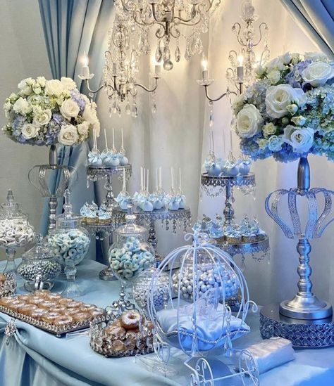 Quinceañera Themes Ideas Blue, Sweet 16 Dessert Table, Quinceanera Food, 15 Party Ideas Quinceanera, Sweet 16 Cinderella Theme, Blue Quinceanera Ideas, Blue Quinceanera Theme, Light Blue Quinceanera Dresses, Baby Blue Quinceanera