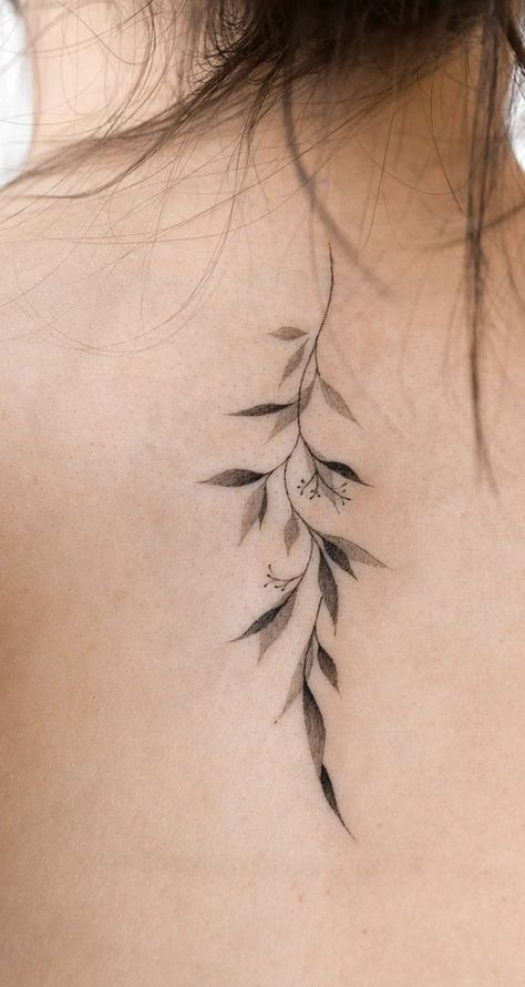 Botanical Back Tattoo Women, Willow Vine Tattoo, Weeping Willow Branch Tattoo, Dogwood Tattoos For Women, Dainty Leaf Tattoo, Willow Tree Leaves Tattoo, Olive Tree Tattoo For Women, Small Branch Tattoo, Shoulder Leaf Tattoo