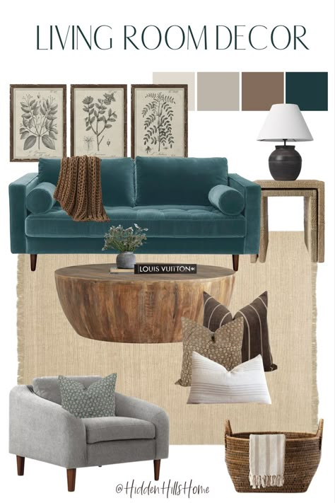 Living room design board with a teal sofa, neutral jute rug, and rich brown wood coffee table! Neutral complimenting tones throughout Turquoise Sofa Living Room Inspiration, Teal Tan And Grey Living Room, Turquoise Accents Living Room, Teal Inspired Living Room, Blue Teal Couch Living Room, Teal Sofa Decor Living Rooms, Living Room Teal Sofa Decor, Aqua And Brown Living Room, Teal Sofa Grey Walls