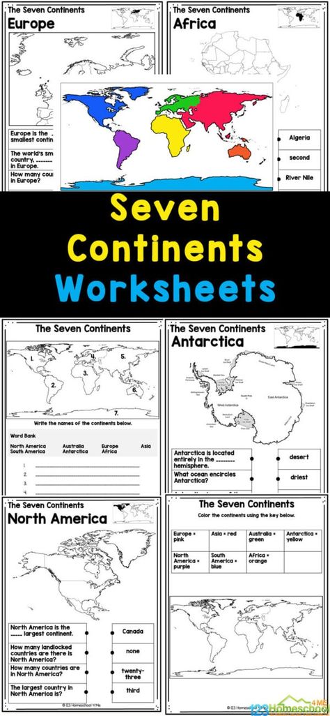 This pack of 7 Continents Printable pages is a great way to work on geography skills. Students will have fun learning about the seven major continents with these free continents and oceans worksheet pdf. Use these maps as part of social studies unit, stand-alond review, or extra pracitce with kindergarten, first grade, 2nd grade, 3rd grade, 4th grade, 5th grade, and 6th grade elementary students. 2nd Grade Geography Activities, 123 Homeschool 4 Me Free Printable, Maps And Globes Third Grade, Geography 3rd Grade, Map Skills Worksheets 3rd Grade, Grade 5 Worksheets Free Printables, Third Grade Social Studies Activities, 1st Grade Social Studies Worksheets Free Printable, History For 2nd Grade