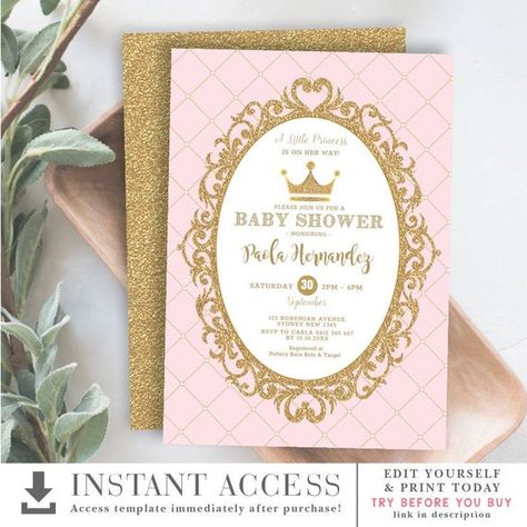 EDITABLE Royal Princess Baby Shower Invitation. Pink and Gold Crown Printable Party Invite. Princess Invitation Template. Baby Girl. PG2 Princess Invitation Template, Pink And Gold Crown, Crown Printable, Princess Baby Shower Invitation, Princess Invitation, Princess Invitations, Pink Baby Shower Invitations, Woodland Baby Shower Invitations, 1st Birthday Decorations