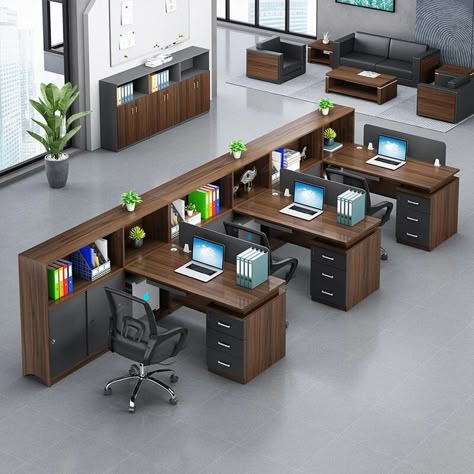 Modern Workstation Office, Teachers Office Design, Modern Office Workspace Design, Small Office Workstations, Office Cubicles Ideas, Office Multiple Desks, Cubicle Layout Ideas, Modern Office Workstations Design, 4 Person Office Layout