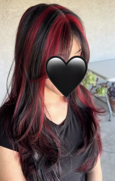 Brown Hair Red Chunky Highlights, Alt Red And Black Hair, Colored Highlights In Dark Brown Hair, Black And Red Alt Hair, Red And Purple Streaks Hair, Blue Red Hair Color, Thick Red Highlights, Hair Dye Ideas Red And Black, Hair Color Ideas Red And Black