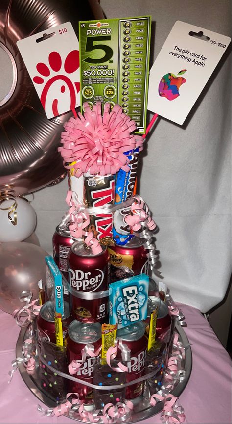 Dr Pepper Crafts Diy, Dr Pepper Gift Ideas Diy, Dr Pepper Party Ideas, Sweet 16 Candy Cake, Soda Bouquet, Soda Can Cake, Dr Pepper Basket, Dr Pepper Bouquet, Dr Pepper Birthday Gift Ideas