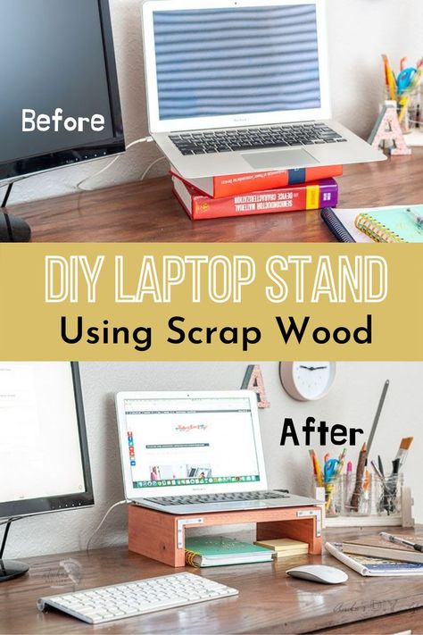 Give your student a little upgrade with this DIY laptop Stand for their desk! Help their posture and make doing homework easier with thier laptop at eye level. Get the plans and step-by-step-tutorial and get ready for school! #anikasdiylife Diy Laptop Stand, Using Scrap Wood, Laptop Stand For Desk, Get Ready For School, Doing Homework, Diy Laptop, Small Woodworking Projects, Ready For School, Scrap Wood Projects