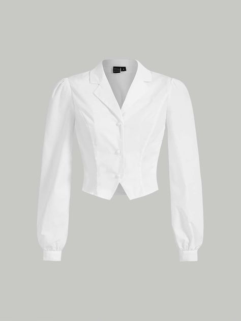 White Elegant Collar Long Sleeve Polyester Plain Shirt Embellished Non-Stretch  Women Tops, Blouses & Tee Puff Sleeve White Shirt, Cute White Blouse, Elegant White Top, Elegant Tops And Blouses, White Shirt Outfit Women, Simple White Blouse, Shein Shirts, White Outfits For Women, White Button Up Shirt