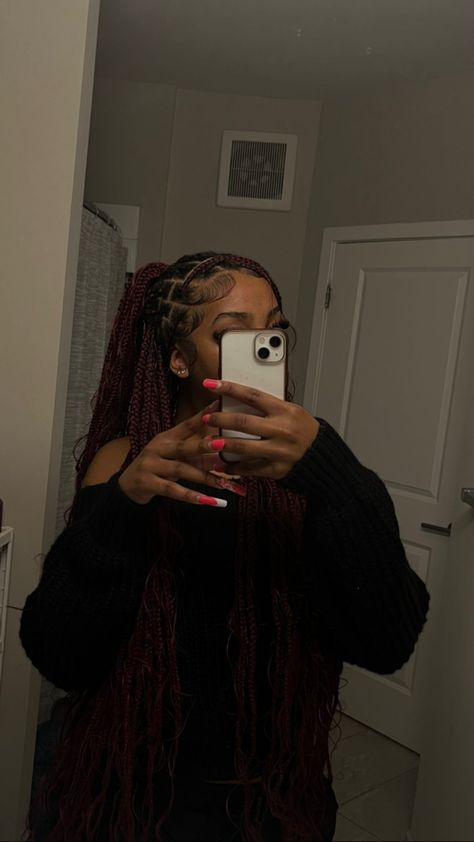 Knotless Box Braid Hairstyles Ideas, Dark Red Passion Twists, Bohemian Hairstyles Black Women, Long Protective Hairstyles, Full Knotless Braids, Dark Skin Hairstyles, Bohemian Locs Black Women, Bohemian Braids Natural Hair, Knotless Box Braids Hairstyles Ideas