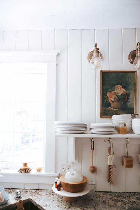 Shiplap Kitchen Backsplash, English Cottage Kitchens, Vertical Shiplap, Kitchen Open Shelves, Shiplap Kitchen, Shiplap Backsplash, Shiplap Wall, Open Kitchen Shelves, White Shiplap