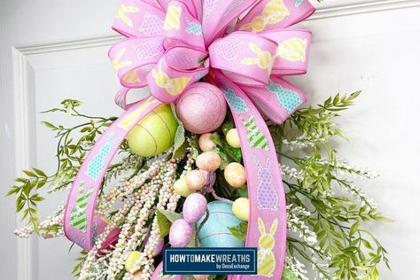 Learn how to make a fabulous Easter swag with a bow! We give you the video tutorial, supply list, and step by step instructions! Easter Swags, Easter Bows, Pastel Designs, Wreath Maker, Bow Tutorial, Wreath Supplies, Wreath Making, Supply List, Floral Spray