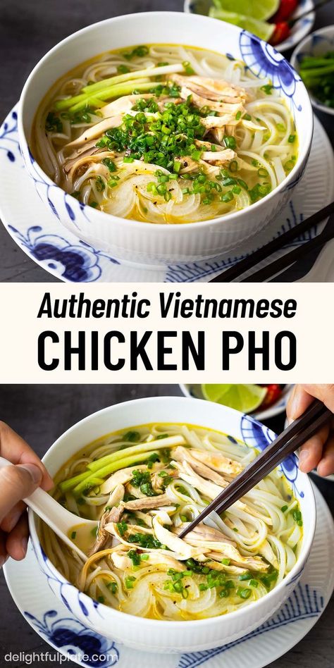 a bowl of Vietnamese chicken pho noodle soup Pho Soup Recipe Easy, Pho Recipe Easy, Vietnamese Pho Soup Recipe, Pho Ga Recipe, Vietnamese Chicken Pho, Pho Soup Recipe, Pho Ga, Pho Noodle Soup, Asian Soup Recipes