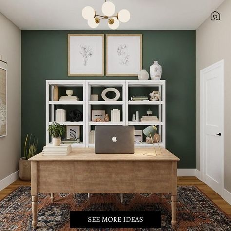 Home Office Decor Green Walls, Deep Green Office Walls, Office Dark Green Walls, Feminine Home Offices Green, Green Bedroom Office Ideas, Painting Home Office Walls Ideas, Hunter Green Office Decor, Green And Cream Office, Office Ideas Green Wall