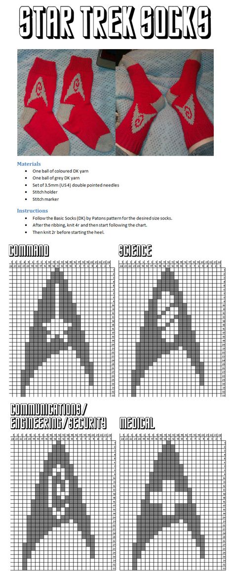 Geek Knitting, Star Trek Cross Stitch, Nerd Crafts, Geek Crafts, Socks Pattern, Crochet Stars, Sock Patterns, Cross Stitch Patterns Free, Knitting Charts