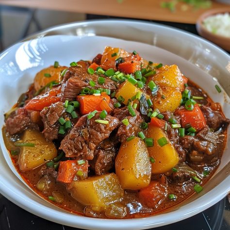 🍲 Savor the rich and bold flavors of Kalderetang Kambing! A hearty goat stew! 🐐 #KalderetangKambing #FilipinoCuisine Kalderetang Kambing (Goat Meat Stew) Ingredients: Goat meat (1 kg, cubed) Potatoes (2, cubed) Carrots (2, sliced) Bell peppers (1, sliced) Tomato sauce (1 cup) Liver spread (1/2 cup) Soy sauce (1/4 cup) Garlic (4 cloves, minced) Onion (1, chopped) Bay leaves (2) Salt and pepper (to taste) Olive oil (3 tbsp) Instructions: Marinate goat meat in soy sauce, garlic, and pepper f... Kalderetang Kambing, Goat Stew, Soy Sauce Garlic, Meat Stew, Instagram Recipes, Goat Meat, Cubed Potatoes, Food Babe, Trending Recipes