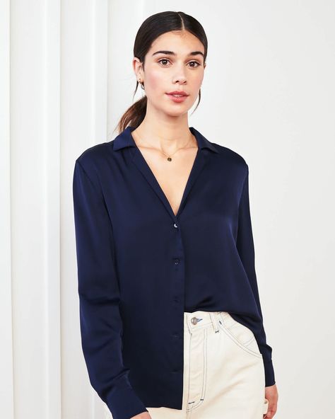 woman wearing silk notch collar blouse in navy Silk Fiber, Silk Tank, Notch Collar, Body Temperature, Just Run, Versatile Dresses, Beautiful Blouses, Collar Blouse, Notched Collar