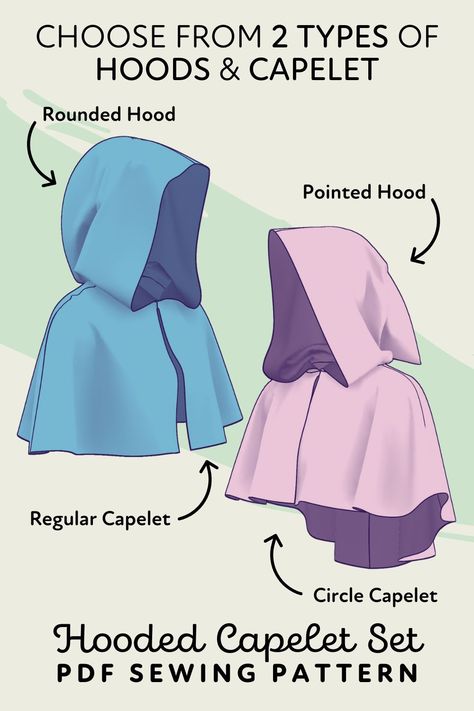 2 hooded capelets with labeled features for a set of sewing patterns Costume Hood Pattern, Fantasy Hood Pattern, Cape Hood Pattern, How To Make A Hooded Cloak, Simple Hooded Cloak Pattern, Large Hood Pattern, Half Cape Pattern, Ren Fair Sewing Patterns, Free Capelet Pattern