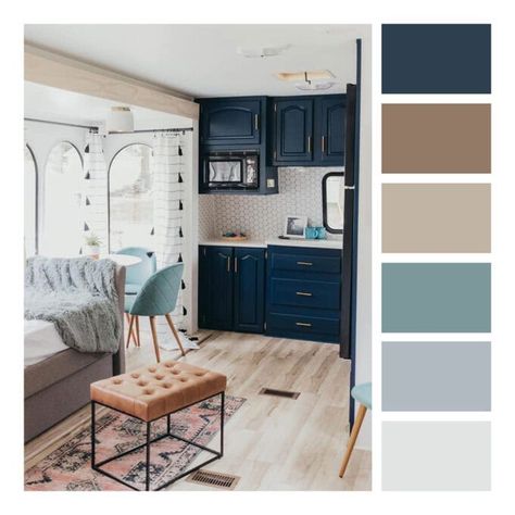 Rv Color Palette, Blue Camper Remodel, Camper Cabinet Colors, Teal Rv Decor, Camper Color Scheme, Travel Trailer Painting Interior, Rv Remodel Blue Cabinets, Purple Kitchen Cabinets, Navy Cabinets