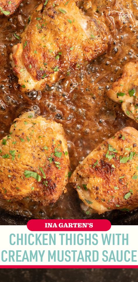 Recipe of the Day: Ina Garten's Chicken Thighs with Creamy Mustard Sauce 🥘 This simple chicken dish is bursting with flavor. Giving the chicken plenty of time to cook without turning lets the skin turn golden brown. Then, after resting, the juices are added back to the simple, creamy mustard sauce. Get the recipe with the link in our bio! Ina Garten Mustard Chicken Thighs, Chicken Thighs With Creamy Mustard Sauce, Ina Garten Chicken, Mustard Sauce Recipe, Mustard Chicken Thighs, Creamy Mustard Sauce, Chicken Dishes Easy, Simple Chicken, Mustard Sauce