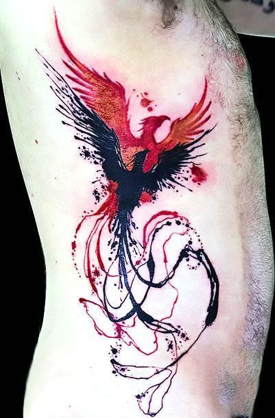 A red and a black phoenix on the man's side. Color: Red. Tags: Creative Tatuaje Trash Polka, Tattoo Side, Tatoo 3d, Tattoo Trash, Phoenix Bird Tattoos, Phönix Tattoo, Kunst Tattoos, Phoenix Tattoo Design, Trash Polka Tattoo