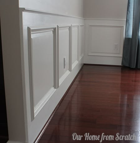 raised panel wainscoting, Our Home from Scratch on Remodelaholic Raised Panel Wainscoting, Panel Wainscoting, Wainscoting Ideas, Wainscoting Bathroom, Dining Room Wainscoting, Wainscoting Styles, Diy Wainscoting, Living Room Reveal, Hemma Diy